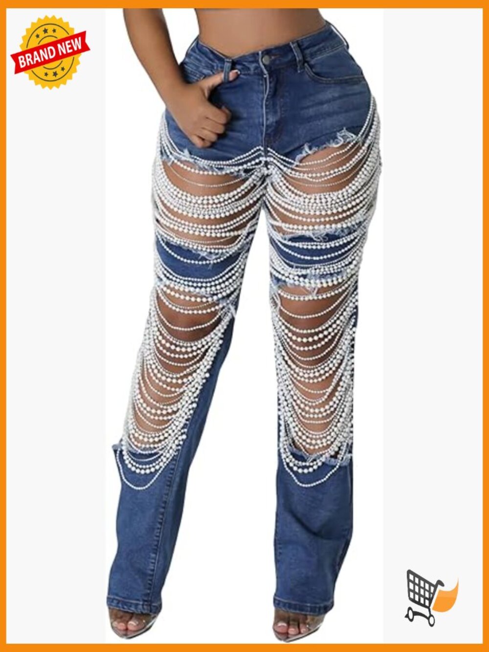Cut Out Straight Leg Ripped Jeans with Rhinestones Pearl Bling Distressed